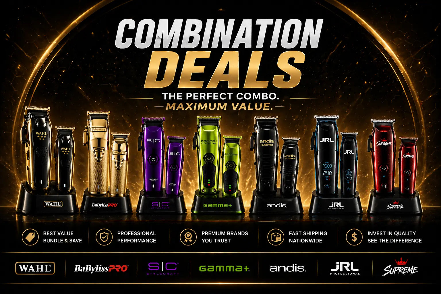 Barber combo packages: Wahl, BaBylissPRO, StyleCraft, Gamma+, Andis, JRL, and Supreme clippers and trimmers.