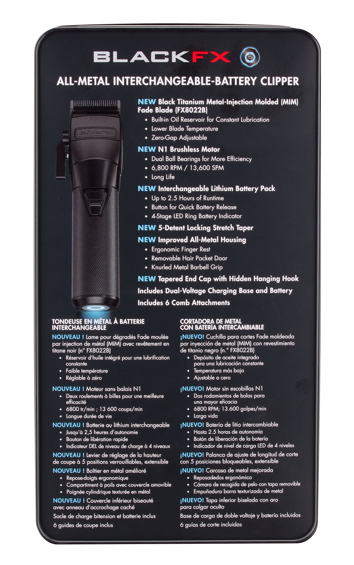 BaBylissPRO FXONE BLACKFX All-Metal Interchangeable-Battery Cordless Clipper (FX899MB) — image 7